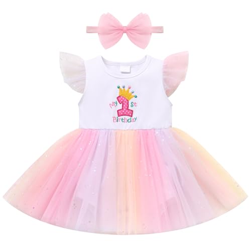 FYMNSI Baby M�dchen Erster Geburtstag Outfit 1 Jahr Geburtstagskleid Regenbogen T�t�rock T�ll Prinzessin Partykleid Sommer Festkleid Taufkleid mit Stirnband Fotoshooting Kleidung Bunt 12-18 Monate von FYMNSI
