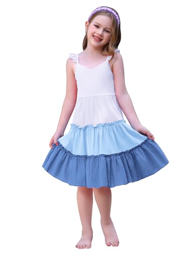 FYMNSI Baby M?dchen Freizeitkleid R?schenarm Sommer A-Linie Geburtstag Partykleid Kinder Baumwolle Kleider ?rmellos Boho Strandkleid Maxikleid Sommerkleid Festliches Festkleid Blau 7-8 Jahre von FYMNSI