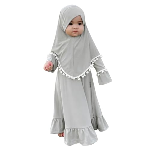 FYMNSI Baby M?dchen Gebetskleidung Muslimisches Kleid Abaya Maxikleid Mit Hijab Kleinkinder Neugeborene Islamisches Gebetskleid Ramadan Kaftan Dubai Outfit Einfarbig Zweiteilig Grau 2-3 Jahre von FYMNSI