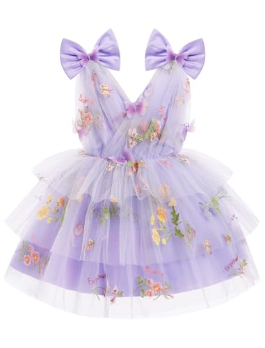 FYMNSI Baby M�dchen Geburtstag Partykleid, Kleinkinder V-Ausschnitt Prinzessin Blumen Stickerei T�llkleid Hochzeit Blumenm�dchen Festlich Festkleid Festzug Formal Abendkleid Violett 4-5 Jahre von FYMNSI
