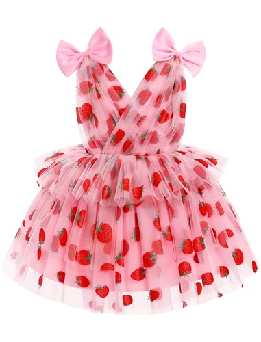 FYMNSI Baby M�dchen Geburtstag Partykleid, Kleinkinder V-Ausschnitt Prinzessin T�llkleid Hochzeit Blumenm�dchen Festlich Festkleid Festzug Formal Abendkleid Ballkleid Rosa Erdbeere 2-3 Jahre von FYMNSI