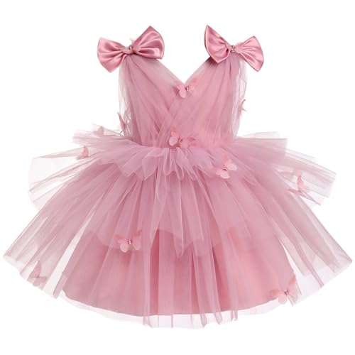 FYMNSI Baby M?dchen Geburtstag Partykleid Kleinkinder Taufkleid Prinzessin T?llkleid Blumenm?dchen Schmetterling Festlich Festkleid Hochzeit 1. Geburtstag Festzug Formal Abendkleider Dunkelrosa 2-3J von FYMNSI