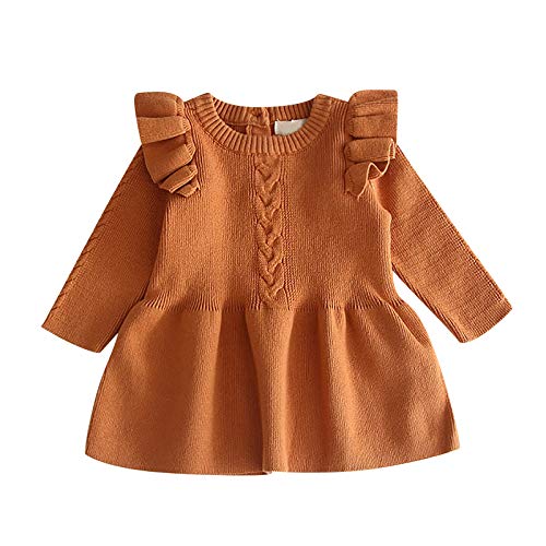 FYMNSI Baby M?dchen Gestrickt Kleid Strick Pullover Langarm Strickkleid Prinzessin Minikleid Herbst Winter Warm H?keln Tops Partykleid Einfarbig Winterpulli Winterpullover Braun 3-4 Jahre von FYMNSI