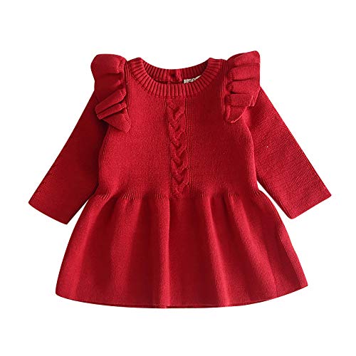 FYMNSI Baby M?dchen Gestrickt Kleid Strick Pullover Langarm Strickkleid Prinzessin Minikleid Herbst Winter Warm H?keln Tops Partykleid Einfarbig Winterpulli Winterpullover Dunkelrot 12-18 Monate von FYMNSI