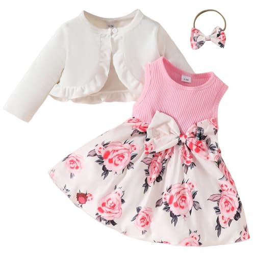 FYMNSI Baby M�dchen Herbst Outfit Blumen Druck �rmellos Kleid Mit Strickjacke Kleinkinder Prinzessin 1. Geburtstag Partykleid Weihnachtskleid Festliches Festkleider Freizeitkleid Rosa 9-12 Monate von FYMNSI