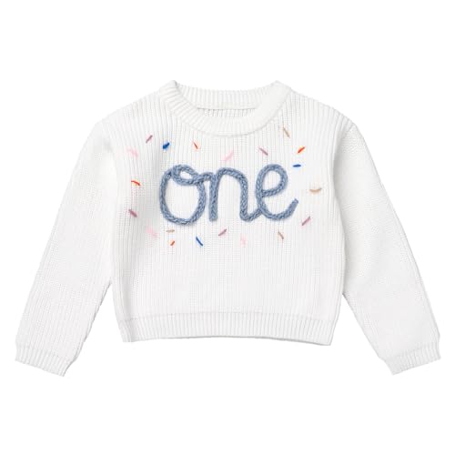 FYMNSI Baby M?dchen Jungen Strickpullover Grobstrick 1. Erster Geburtstag Outfit Langarm Stickerei Pullover Sweatshirt Strickjacken Kleinkinder Warme Herbst Winterkleidung Wei? + Blau 1 Jahr von FYMNSI