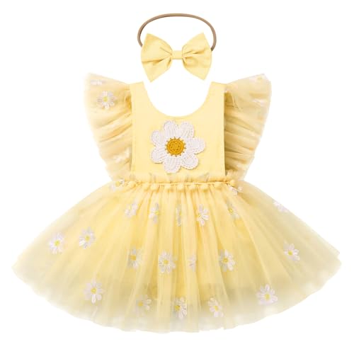 FYMNSI Baby M?dchen Kleidung 1. Geburtstag Outfit Sommer Strampler Neugeborene Partykleid T?ll T?t? Bodykleid Blumen Prinzessin Kleider mit Stirnband Festliches Festkleid Bekleidungssets Gelb 18-24M von FYMNSI
