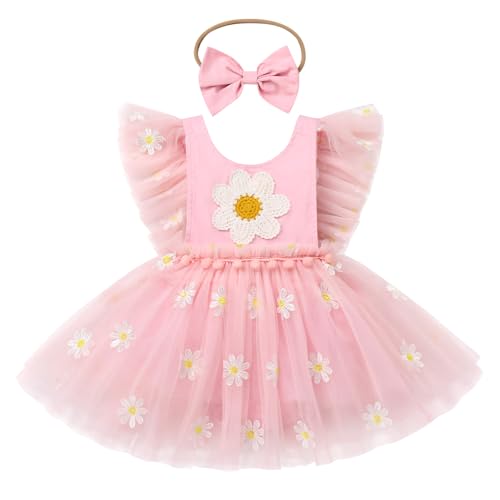 FYMNSI Baby M?dchen Kleidung 1. Geburtstag Outfit Sommer Strampler Neugeborene Partykleid T?ll T?t? Bodykleid Blumen Prinzessin Kleider mit Stirnband Festliches Festkleid Bekleidungssets Rosa 12-18M von FYMNSI