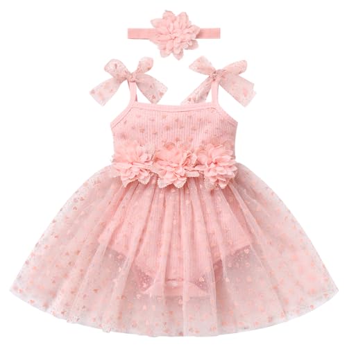 FYMNSI Baby M?dchen Kleidung 1. Geburtstag Outfit Sommer Strampler Neugeborene Partykleid T?ll T?t? Bodykleid Bowknot Tr?ger Kleider mit Blumen Stirnband Festliches Festkleid Bekleidungssets Rosa 6-9M von FYMNSI