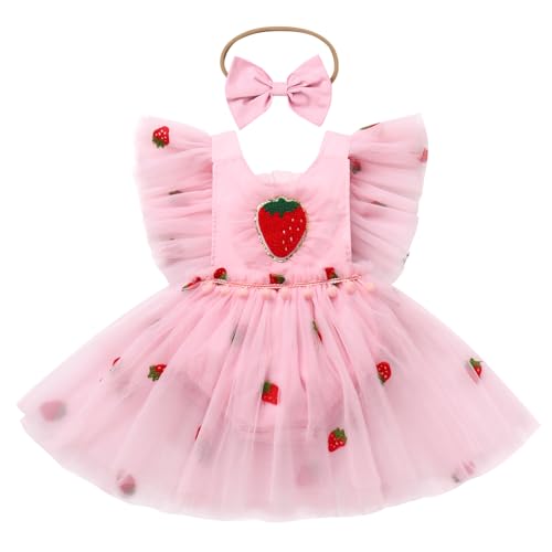 FYMNSI Baby M?dchen Kleidung 1. Geburtstag Outfit Sommer Strampler Neugeborene Partykleid T?ll T?t? Bodykleid Erdbeere Prinzessin Kleider mit Stirnband Festliches Festkleid Bekleidungssets Rosa 12-18M von FYMNSI