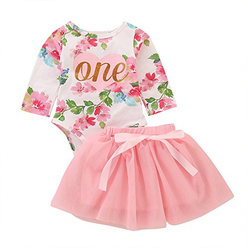 FYMNSI Baby Mädchen Kleidung Erster 1. Geburtstag Party Kleid Tutu Outfit Baumwolle Blumen Langarm Strampler Prinzessin Tütü Tüll Rock Set 1 Jahr Geburtstagsfeier Geschenk Fotoshooting Babybekleidung von FYMNSI