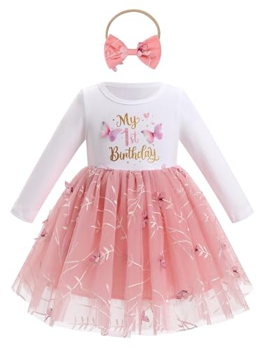 FYMNSI Baby M�dchen Mein Erster 1. Geburtstag Kleid Baumwolle Langarm Tutu T�llkleid mit Schleife Stirnband Kleinkinder Prinzessin Partykleid Fotoshooting Outfit Herbst Winter Dunkelrosa 9-12 Monate von FYMNSI