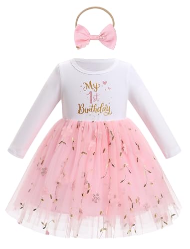 FYMNSI Baby M�dchen Mein Erster 1. Geburtstag Kleid Baumwolle Langarm Tutu T�llkleid mit Schleife Stirnband Kleinkinder Prinzessin Partykleid Fotoshooting Outfit Herbst Winter Rosa 9-12 Monate von FYMNSI