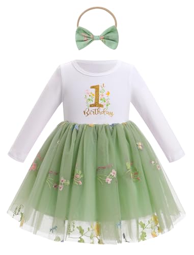 FYMNSI Baby M�dchen Mein Erster 1. Geburtstag Kleid Baumwolle Langarm Tutu T�llkleid mit Schleife Stirnband Kleinkinder Prinzessin Partykleid Fotoshooting Outfit Herbst Winter Salbei Gr�n 12-18 Monate von FYMNSI