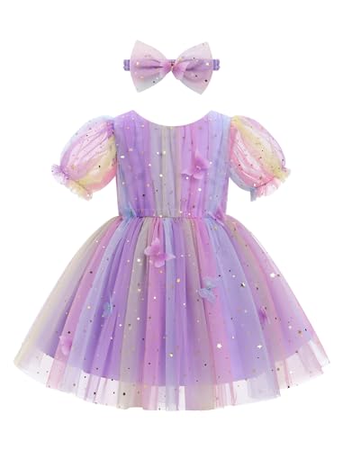 FYMNSI Baby M�dchen Schmetterling T�ll T�t� Kleid Prinzessin Geburtstag Partykleid Festliches Festkleid Kinder Blumenm�dchen Kurzarm Abendkleid Hochzeitskleid Taufkleid mit Stirnband Lila 3-4 Jahre von FYMNSI