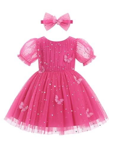 FYMNSI Baby M�dchen Schmetterling T�ll T�t� Kleid Prinzessin Geburtstag Partykleid Festliches Festkleid Kinder Blumenm�dchen Kurzarm Abendkleid Hochzeitskleid Taufkleid mit Stirnband Rose 5-6 Jahre von FYMNSI