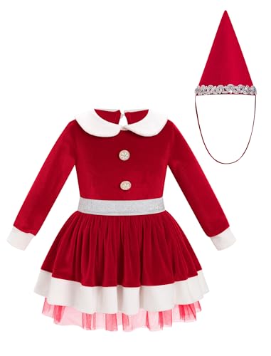 FYMNSI Baby M�dchen Weihnachtskleid Kleinkinder Weihnachtsmann Kost�m Kinder Weihnachten Partykleid Herbst Winter Samtkleid Santa Claus Prinzessin Langarmkleid Festliches Festkleid mit Hut Rot 5-6J von FYMNSI