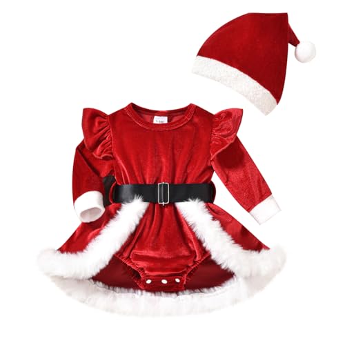 FYMNSI Baby M�dchen Weihnachtskleid Neugeborenes Weihnachtsmann Kost�m Kleinkind Weihnachten Partykleid Herbst Winter Samtkleid Santa Claus Langarmkleid Festliches Festkleid mit Hut Rot 0-3 Monate von FYMNSI