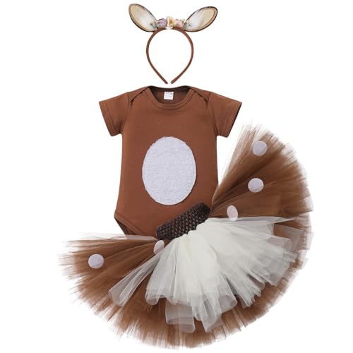 FYMNSI Baby M?dchen Weihnachtsoutfit Mein erstes Weihnachten Bekleidungsset Rentier Kost?m Baumwolle Kurzarm Body Prinzessin T?t? Rock Stirnband 3tlg Xmas Party Kleidung Outfit Braun 12-18 Monate von FYMNSI