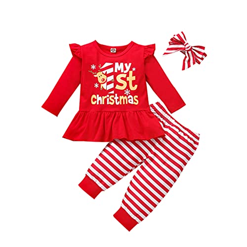 FYMNSI Baby M?dchen Weihnachtsoutfit S?ugling Kleinkinder Mein erstes 1. Weihnachten Party Kleidung Baumwolle Langarm Top Shirt Gestreift Langes Hose Stirnband 3tlg Bekleidungsset Rot 3-6 Monate von FYMNSI