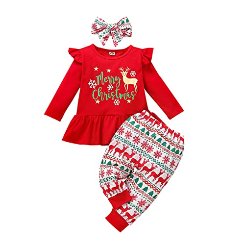 FYMNSI Baby M?dchen Weihnachtsoutfit S?ugling Kleinkinder Mein erstes 1. Weihnachten Party Kleidung Rentier Druck Baumwolle Langarm Top Shirt Hose Stirnband 3tlg Bekleidungsset Rot 12-18 Monate von FYMNSI