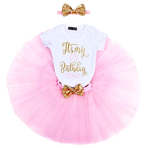 FYMNSI Baby Mädchen 1/2. Geburtstag Party Outfit Baumwolle Kurzarm Body Strampler Prinzessin Tütü Tüll Rock Pailletten Schleife Stirnband 3tlg Bekleidungsset Fotoshooting Kostüme Rosa 6 Monate von FYMNSI