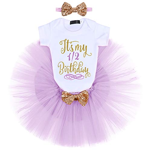 FYMNSI Baby Mädchen 1/2. Geburtstag Party Outfit Baumwolle Kurzarm Body Strampler Prinzessin Tütü Tüll Rock Pailletten Schleife Stirnband 3tlg Bekleidungsset Fotoshooting Kostüme Violett 6 Monate von FYMNSI