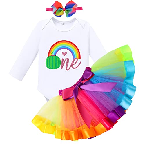 FYMNSI Baby Mädchen 1. Erster Geburtstag Outfit 1 Jahr Party Regenbogen Tütü Rock Langarm Strampler Body Stirnband Herbst Kleidung Fasching Halloween Fotoshooting Kostüme Regenbogen 1 Jahr von FYMNSI