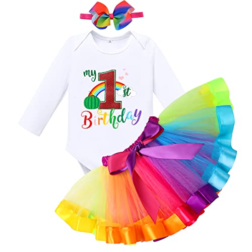 FYMNSI Baby Mädchen 1. Erster Geburtstag Outfit 1 Jahr Party Regenbogen Tütü Rock Langarm Strampler Body Stirnband Herbst Kleidung Fasching Halloween Fotoshooting Kostüme Regenbogen 1 Jahr von FYMNSI