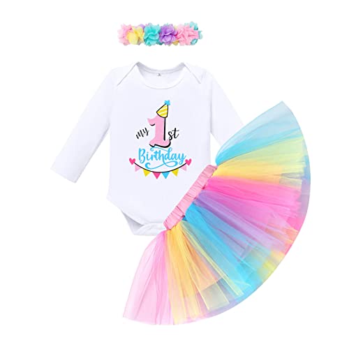 FYMNSI Baby Mädchen 1. Erster Geburtstag Outfit Baumwolle Langarm Strampler Body Prinzessin Regenbogen Tüll Tütü Rock Blumen Stirnband 3tlg Set 1 Jahr Geburtstagsparty Kleid Fotoshooting 1 Jahr von FYMNSI