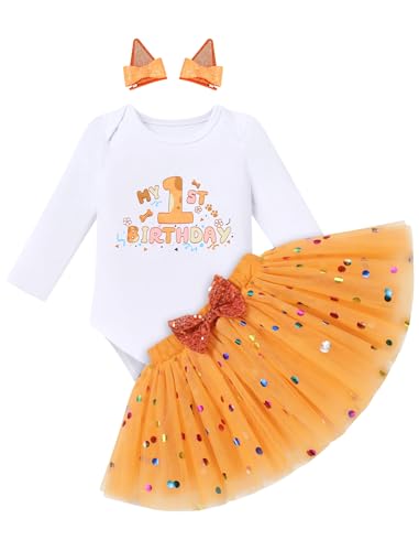 FYMNSI Baby Mädchen 1. Erster Geburtstag Outfit Baumwolle Langarm Strampler Body Prinzessin Tüll Tütü Rock Set 1 Jahr Geburtstagsparty Kleid Fotoshooting Orange 1 Jahr von FYMNSI