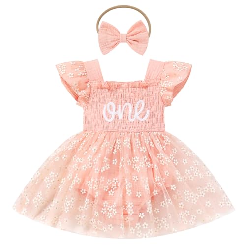 FYMNSI Baby Mädchen 1. Erster Geburtstag Outfit Blumen Druck Partykleid Hochzeit Bodykleid Prinzessin Tüll Kleid Taufkleid Strampler Bodysuit mit Stirnband Sommer Kleidung Fotoshooting Pfirsich 12-18M von FYMNSI