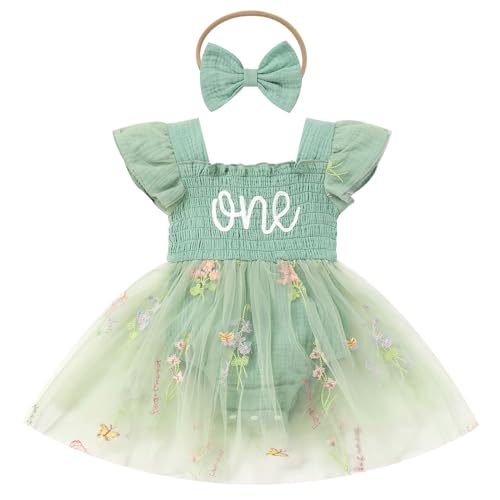 FYMNSI Baby Mädchen 1. Erster Geburtstag Outfit Blumen Stickerei Partykleid Hochzeit Bodykleid Prinzessin Tüll Kleid Taufkleid Strampler Bodysuit mit Stirnband Sommer Kleidung Fotoshooting Grün 12-18M von FYMNSI