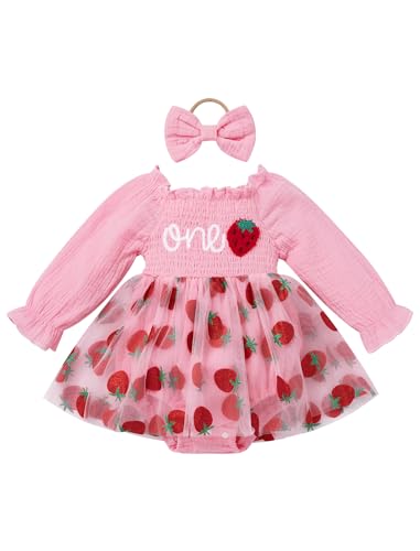 FYMNSI Baby Mädchen 1. Erster Geburtstag Outfit Erdbeere Langarm Partykleid Bodykleid Prinzessin Tütü Tüll Kleid Strampler mit Stirnband Herbst Frühling Kleidung Fotoshooting Rosa Erdbeere 12-18M von FYMNSI