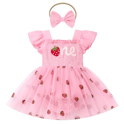 FYMNSI Baby Mädchen 1. Erster Geburtstag Outfit Erdbeere Partykleid Hochzeit Bodykleid Prinzessin Tüll Kleid Taufkleid Strampler Bodysuit mit Stirnband Sommer Kleidung Fotoshooting Rosa 12-18 Monate von FYMNSI