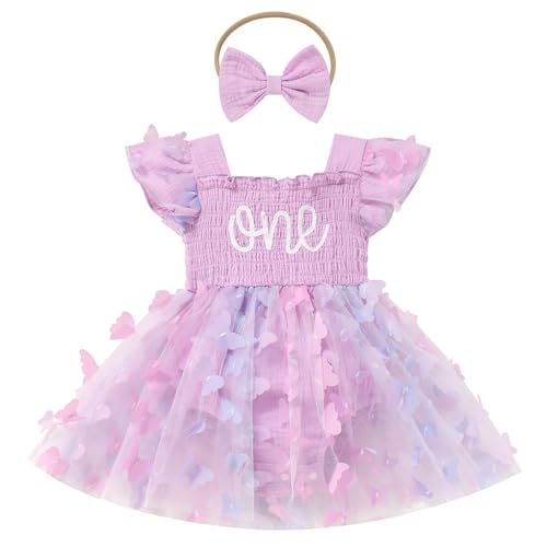 FYMNSI Baby Mädchen 1. Erster Geburtstag Outfit Schmetterling Partykleid Hochzeit Bodykleid Prinzessin Tüll Kleid Taufkleid Strampler Bodysuit mit Stirnband Sommer Kleidung Fotoshooting Violett 9-12M von FYMNSI