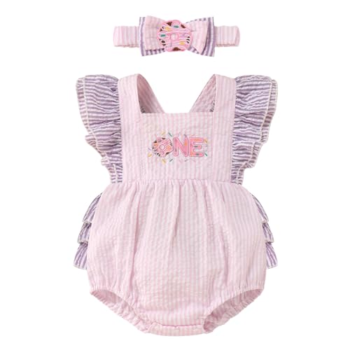FYMNSI Baby Mädchen 1. Erster Geburtstag Outfit Sommer Babybody Strampler Rüschen Ärmellos Prinzessin Bodysuit Overall Jumpsuit mit Stirnband Set für 1 Jahr Party Fotoshooting Casual Donut 12-18M von FYMNSI