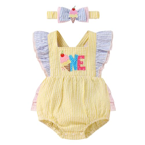 FYMNSI Baby Mädchen 1. Erster Geburtstag Outfit Sommer Babybody Strampler Rüschen Ärmellos Prinzessin Bodysuit Overall Jumpsuit mit Stirnband Set für 1 Jahr Party Fotoshooting Casual Eiscreme 9-12M von FYMNSI