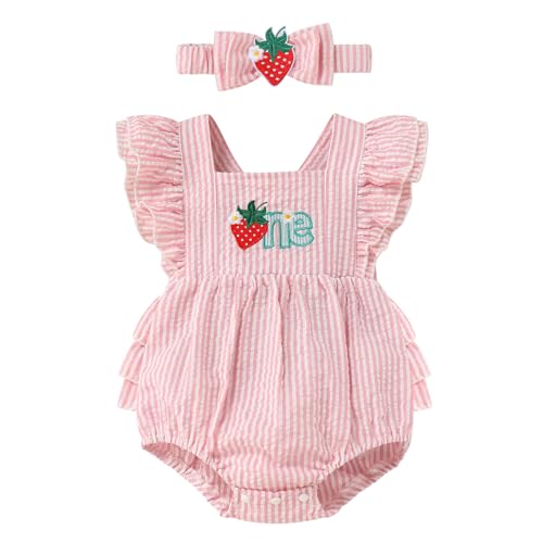 FYMNSI Baby Mädchen 1. Erster Geburtstag Outfit Sommer Babybody Strampler Rüschen Ärmellos Prinzessin Bodysuit Overall Jumpsuit mit Stirnband Set für 1 Jahr Party Fotoshooting Casual Erdbeere 12-18M von FYMNSI