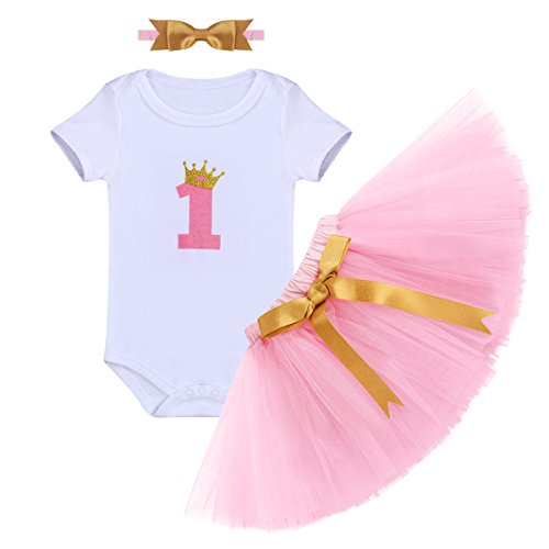 FYMNSI Baby Mädchen 1. Erster Geburtstag Party Kleidung Krone Strampler Prinzessin Tütü Rock Stirnband Outfit Set 3tlg 1 Jahr Baby Geburtstagsparty Kleider Geschenk Festliche Sommer Kleidung von FYMNSI