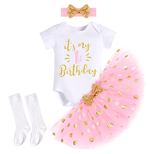 FYMNSI Baby Mädchen 1. Erster Geburtstag Party Outfit Baumwolle Kurzarm Body Strampler Prinzessin Gepunktet Tütü Rock Pailletten Schleife Stirnband Socken 4tlg Bekleidungsset Rosa von FYMNSI