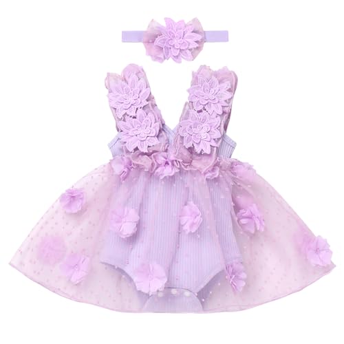 FYMNSI Baby Mädchen 1. Geburtstag Outfit Ärmellos Bodykleid Taufkleid Prinzessin Tüllrock mit Stirnband Strampler Kleinkinder Partykleid Festkleid Sommerkleid Neugeborene Fotoshooting Lila 0-6 Monate von FYMNSI