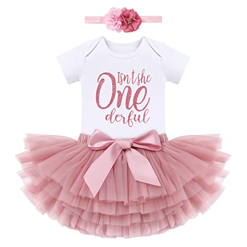 FYMNSI Baby Mädchen 1. Geburtstag Outfit Baumowlle Kurzarm Strampler Body Tütü Tüll Rock Blumen Stirnband Erster Geburtstag 1 Jahr Alt Party Fotoshooting Bekleidungsset Dunkelrosa - One Derful 1 Jahr von FYMNSI