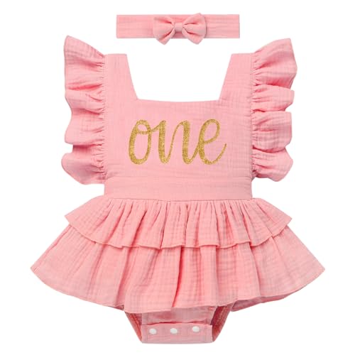 FYMNSI Baby Mädchen 1. Geburtstag Outfit Kleinkinder Prinzessin Rüschen Ärmellos Bodysuit Babybody Einteiler Bodys mit Stirnband 1 Jahr Party Festliches Festkleid Freizeit Sommer Rosa + Gold 12-18M von FYMNSI