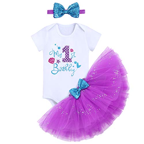 FYMNSI Baby Mädchen 1. Geburtstag Outfit Meerjungfrau Prinzessin Kostüm Baumwolle Kurzarm Strampler Body Tütü Tüll Rock Pailletten Bowknot Stirnband 3tlg Bekleidungsset Fotoshooting Lila 1 Jahr von FYMNSI