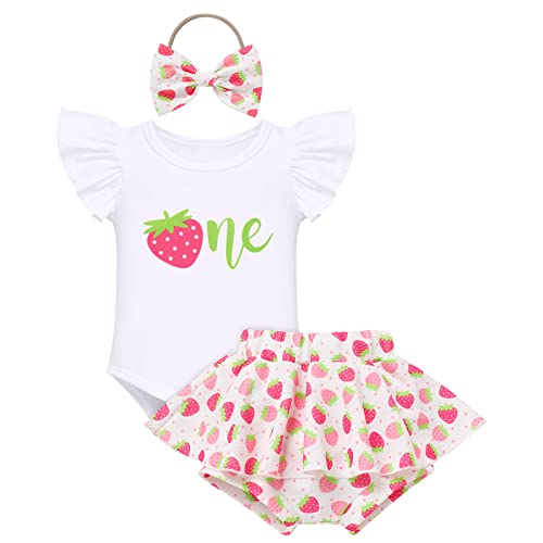 FYMNSI Baby Mädchen 1. Geburtstag Outfit Sommer Prinzessin Baumwolle Kurzarm Strampler Body Erdbeere Druck Shorts Rock Schleife Stirnband Bekleidungsset Erstes Geburtstagsfeier Set 12-18 Monate von FYMNSI