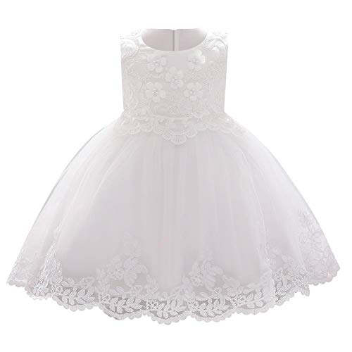 FYMNSI Baby Mädchen 1. Geburtstag Partykleid Blumenmädchen Hochzeit Brautjungfer Festliches Festkleid Prinzessin Tütü Tüll Spitzenkleid Abendkleid Taufkleid Ärmellos Cocktailkleid Weiß 18-24 Monate von FYMNSI