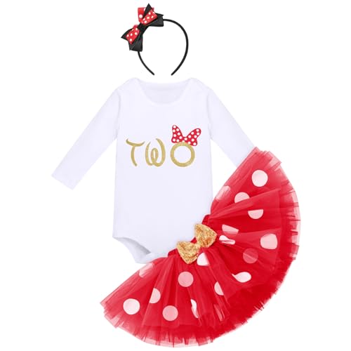 FYMNSI Baby Mädchen Mein 2. Geburtstag Party Outfit Maus Kostüm Baumwolle Langarm Body Strampler Prinzessin Gepunktet Tütü Tüll Rock Stirnband Herbst Winter Bekleidungsset Rot - Two 2 Jahre von FYMNSI