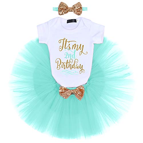 FYMNSI Baby Mädchen 2. Geburtstag Party Outfit Baumwolle Kurzarm Body Strampler Prinzessin Tütü Tüll Rock Pailletten Schleife Stirnband 3tlg Bekleidungsset Fotoshooting Kostüme Grün 2. Geburtstag von FYMNSI