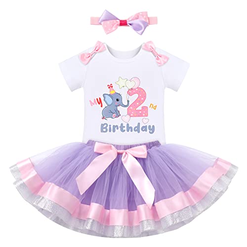 FYMNSI Baby Mädchen 2. Zweiter Geburtstag Outfit Elefant Baumwolle Kurzarm Body Strampler Prinzessin Tutu Rock Schleife Stirnband 3tlg Bekleidungsset Tier Party Fotoshooting Kostüm Violett 2 Jahre von FYMNSI